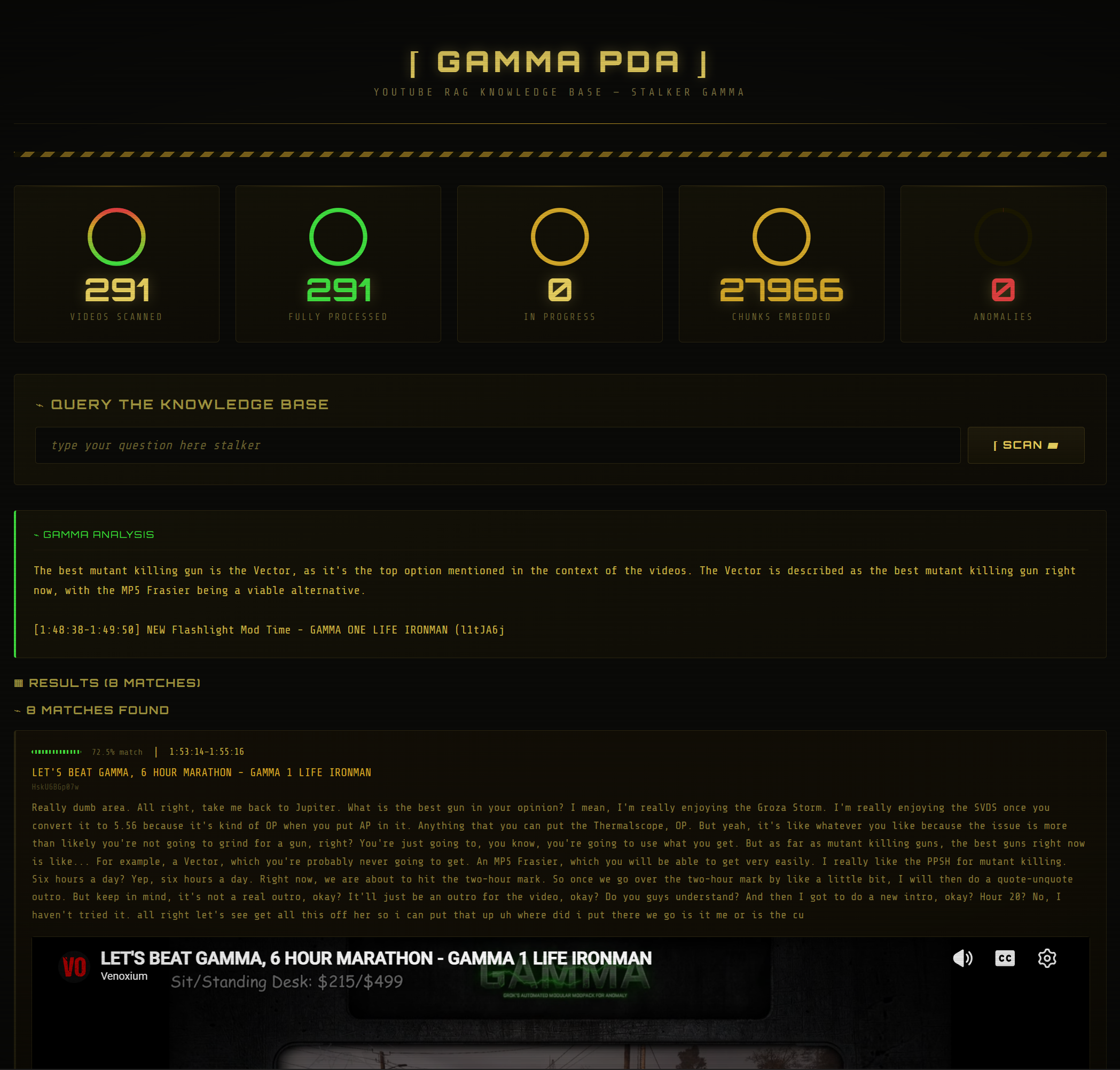 The Ask Veno dashboard in its S.T.A.L.K.E.R. GAMMA PDA theme: amber phosphor text on a dark CRT-style background with scanlines, circular pipeline-status dials, a scan-style search bar, and the video archive table listing ingested streams