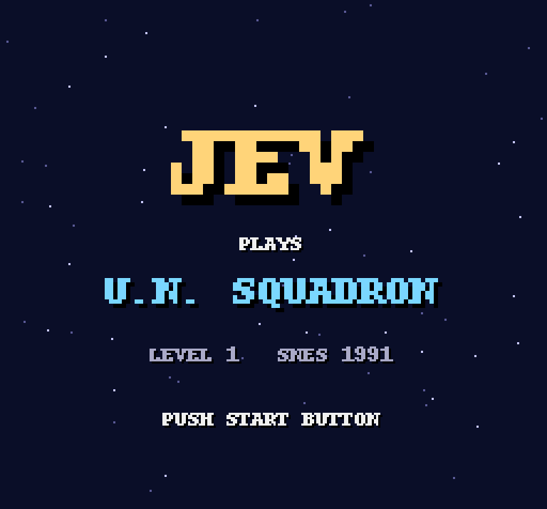 Pixel title card reading “JEV plays U.N. SQUADRON”, then gameplay from run R99 with the model’s decision shown under each frame, ending on a GAME OVER card: 82 of 108 units, 1,015 decisions, 0 boss parts destroyed